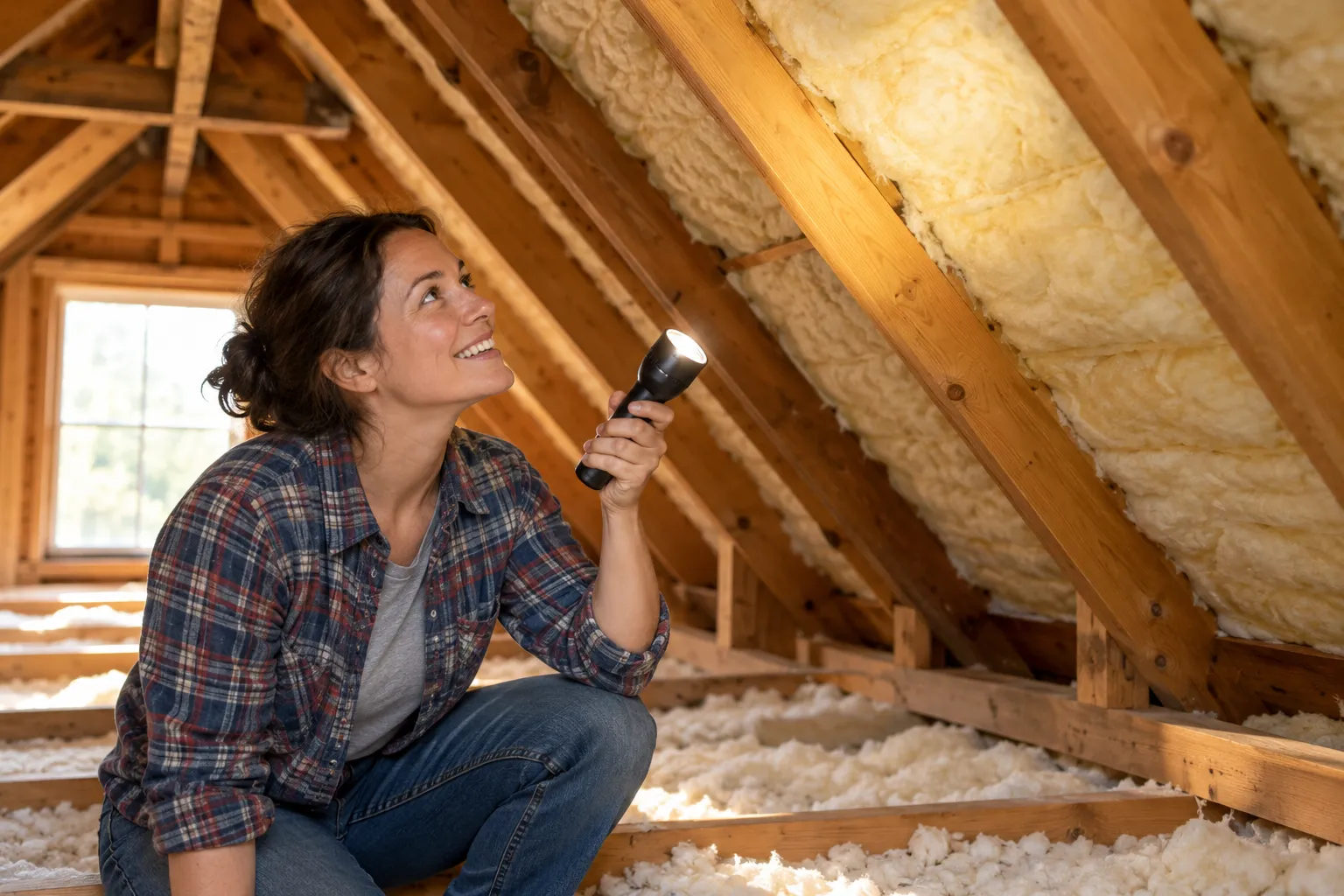A homeowner checking an attic ceiling with a flashlight for roof stains