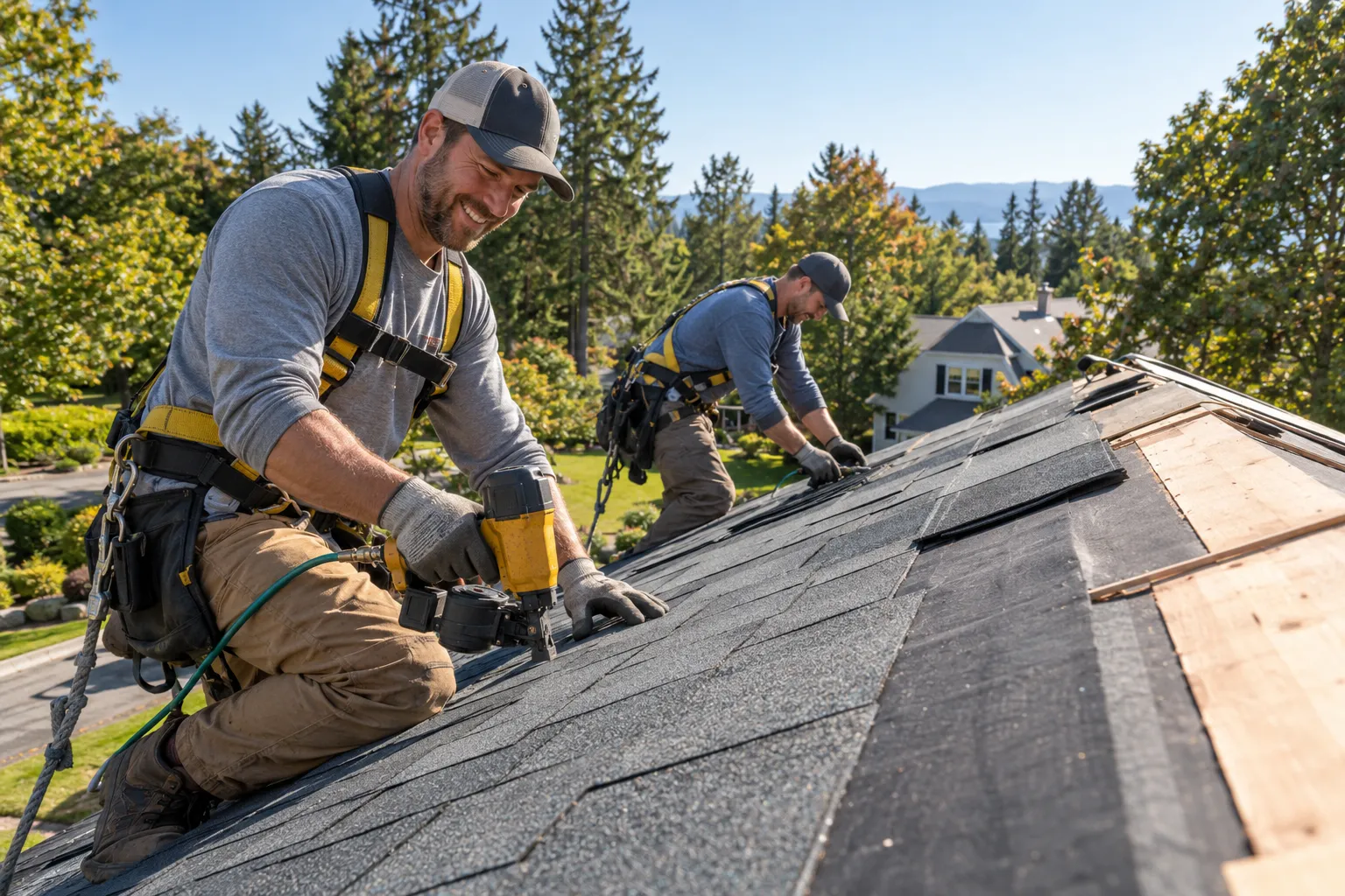 A local roofing crew installing new shingles on a home in Minneapolis