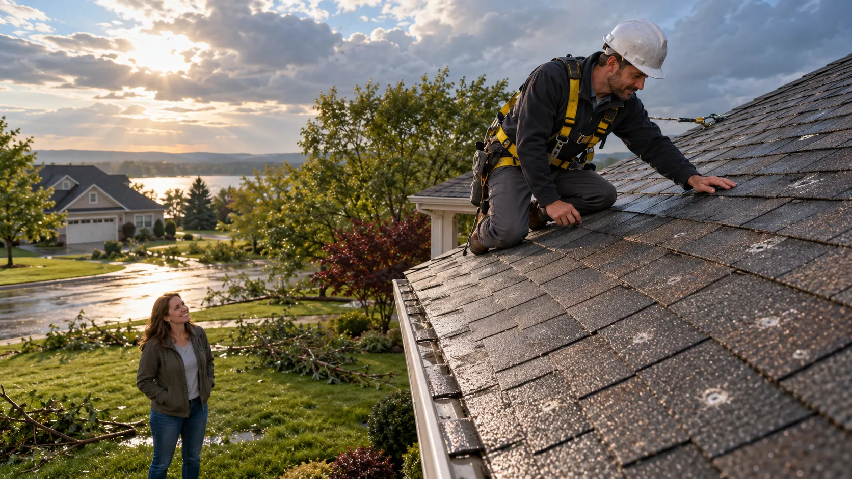 Roofing provider inspecting hail damaged shingles on a home in Minneapolis after a storm
